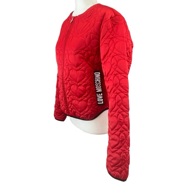 Love Moschino Red Quilted Hearts Zip Up Short Nylon Bomber Jacket Size US 8 - Picture 2 of 10